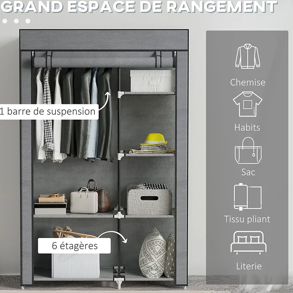 Armoire penderie multi-rangement - 6 étagères, 1 barre - dim. 103L x 43l x 162,5H cm - acier noir non tissé gris