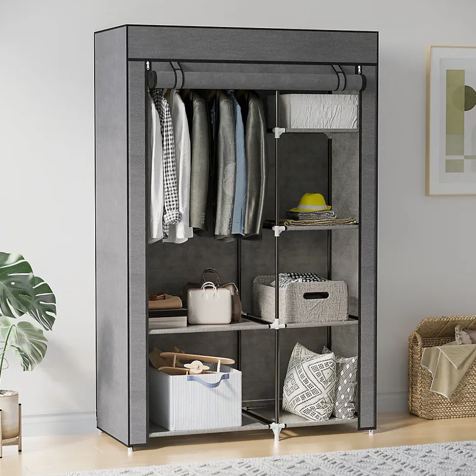 Armoire penderie multi-rangement - 6 étagères, 1 barre - dim. 103L x 43l x 162,5H cm - acier noir non tissé gris