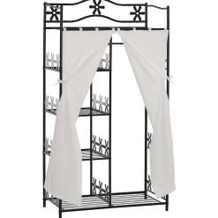 Armoire penderie multi-rangement - 5 étagères - dim. 84L x 42l x 158,5H cm - métal noir motif fleurs 2 rideaux blanc