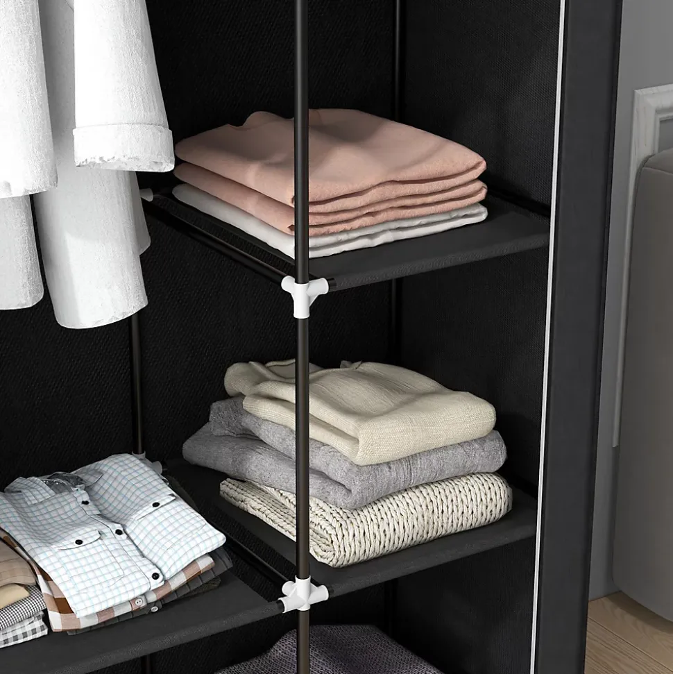 Armoire penderie multi-rangement - 6 étagères, 1 barre - dim. 103L x 43l x 162,5H cm - acier noir non tissé noir