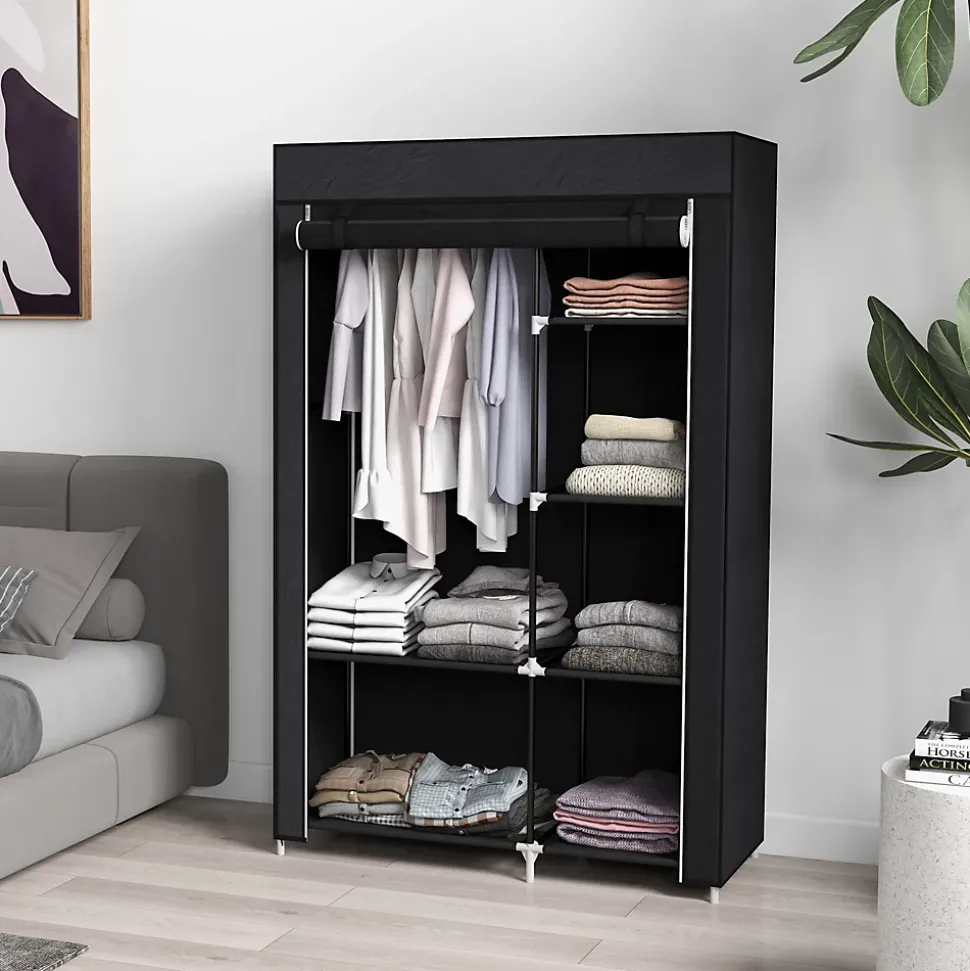 Armoire penderie multi-rangement - 6 étagères, 1 barre - dim. 103L x 43l x 162,5H cm - acier noir non tissé noir