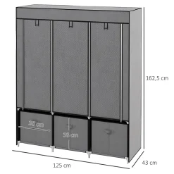 Armoire penderie pliable 5 étagères 2 tringles 3 tiroirs tissu gris