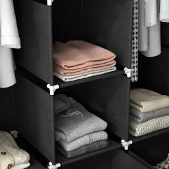 Armoire penderie pliable 5 étagères 2 tringles 3 tiroirs tissu noir
