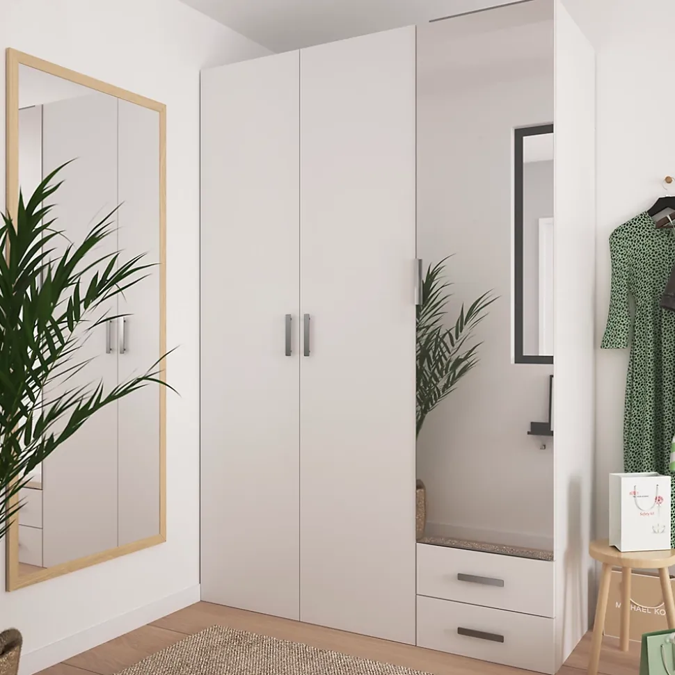 Armoire penderie portes battantes miroir et tiroirs blanc GoodHome Atomia H. 225 x L. 150 x P. 60 cm