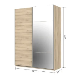 Armoire penderie portes coulissantes effet chêne et miroir l. 150 x H. 200 x Ep. 57 cm