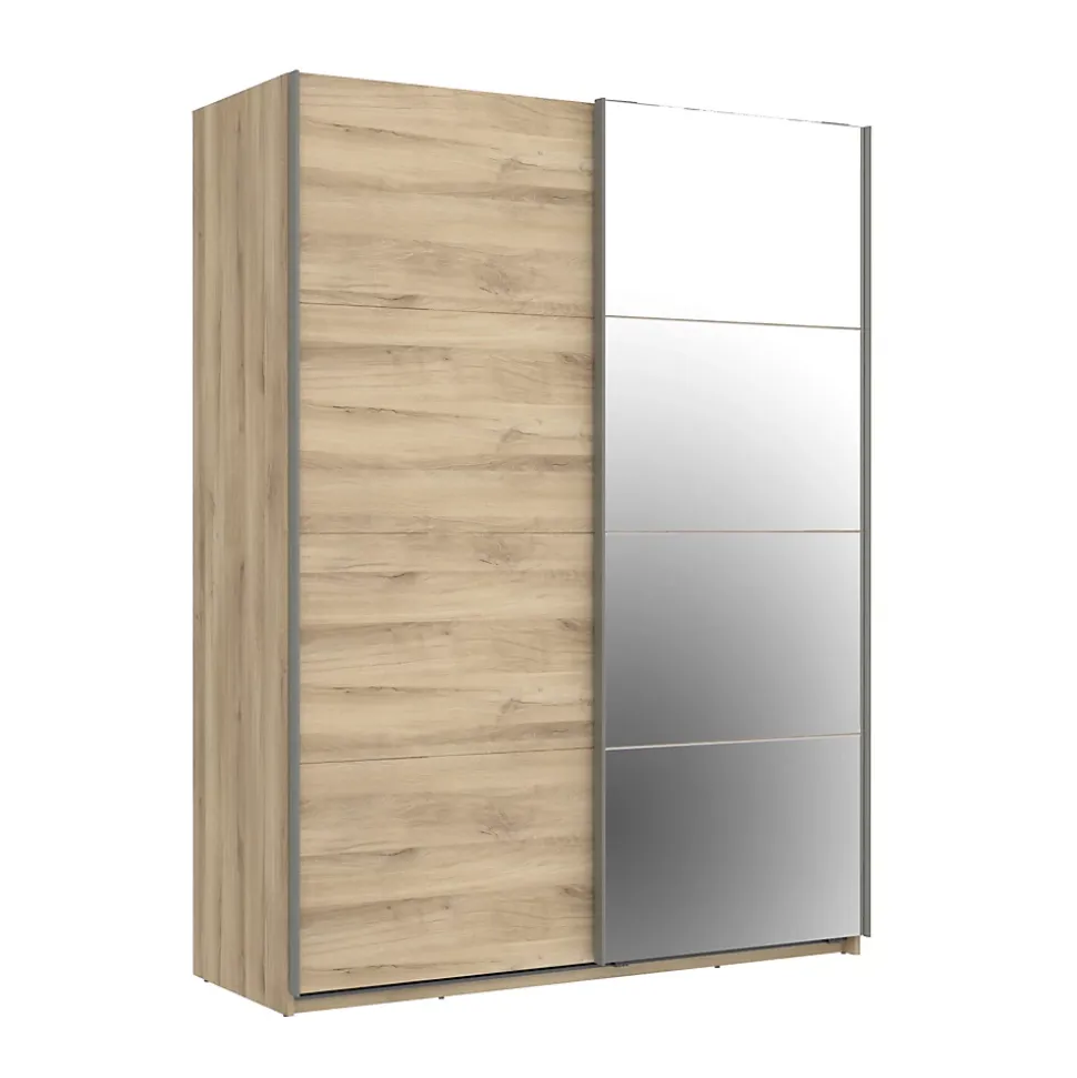 Armoire penderie portes coulissantes effet chêne et miroir l. 150 x H. 200 x Ep. 57 cm