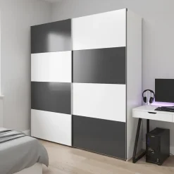 Armoire penderie portes coulissantes blanches brillantes et anthracite brillant GoodHome Atomia H. 225 x L. 200 x P. 63,5 cm