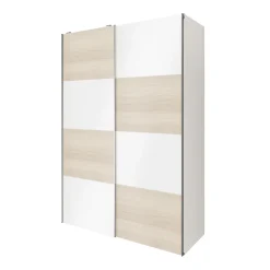 Armoire penderie portes coulissantes blanches brillantes et effet chêne GoodHome Atomia H. 225 x L. 150 x P. 63,5 cm