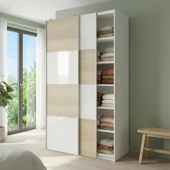 Armoire penderie portes coulissantes blanches brillantes et effet chêne GoodHome Atomia H. 225 x L. 150 x P. 63,5 cm