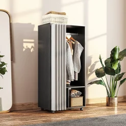 Armoire penderie sur roulettes - tringle penderie, 2 compartiments - effet bois noir rideau gris