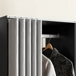 Armoire penderie sur roulettes - tringle penderie, 2 compartiments - effet bois noir rideau gris