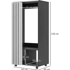 Armoire penderie sur roulettes - tringle penderie, 2 compartiments - effet bois noir rideau gris