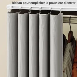 Armoire penderie sur roulettes - tringle, étagère, penderie, 3 compartiments - effet bois blanc rideau gris