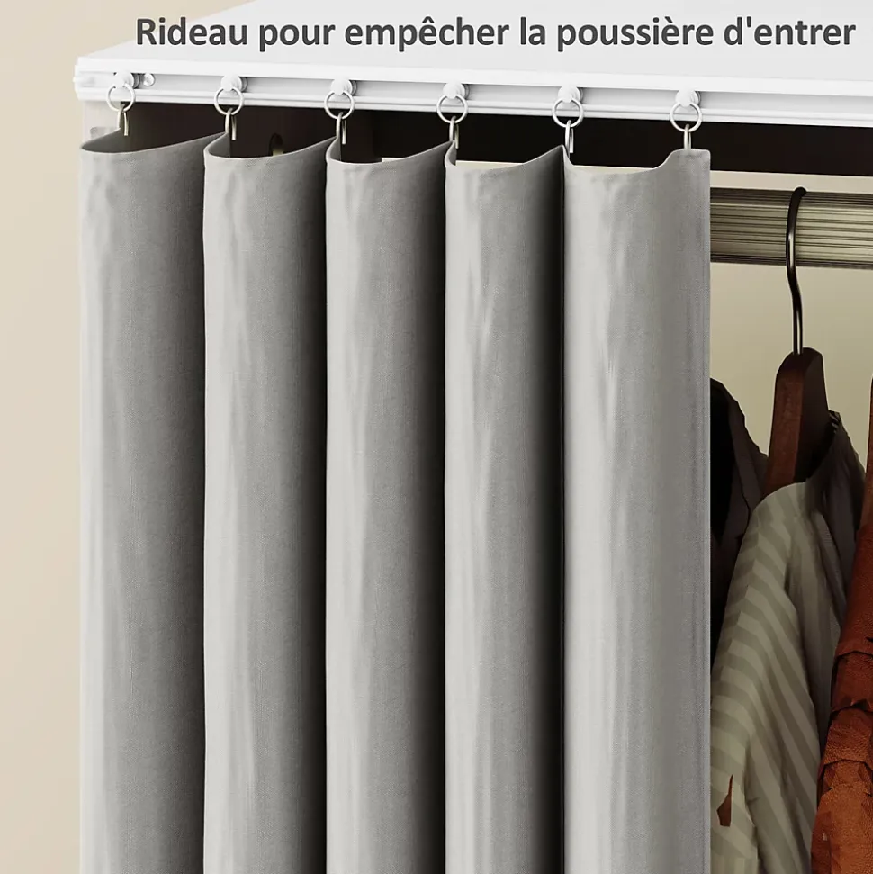 Armoire penderie sur roulettes - tringle, étagère, penderie, 3 compartiments - effet bois blanc rideau gris