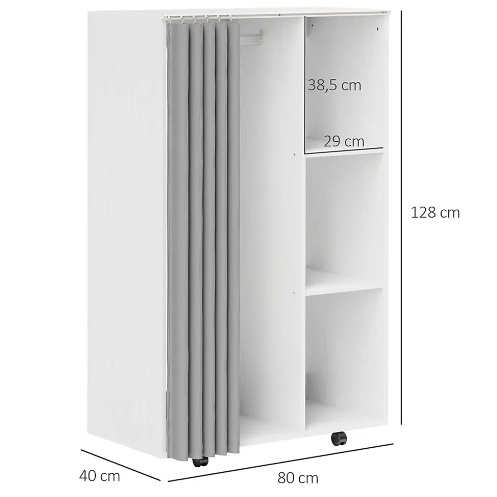 Armoire penderie sur roulettes - tringle, étagère, penderie, 3 compartiments - effet bois blanc rideau gris