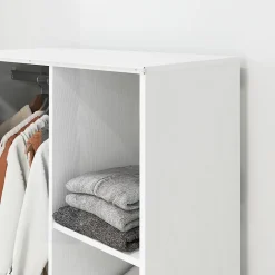 Armoire penderie sur roulettes - tringle, étagère, penderie, 3 compartiments - effet bois blanc rideau gris