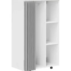 Armoire penderie sur roulettes - tringle, étagère, penderie, 3 compartiments - effet bois blanc rideau gris