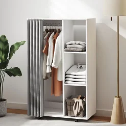 Armoire penderie sur roulettes - tringle, étagère, penderie, 3 compartiments - effet bois blanc rideau gris