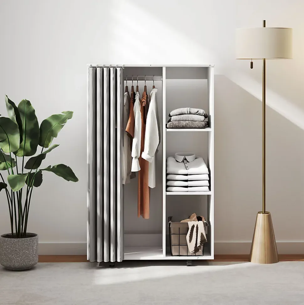 Armoire penderie sur roulettes - tringle, étagère, penderie, 3 compartiments - effet bois blanc rideau gris