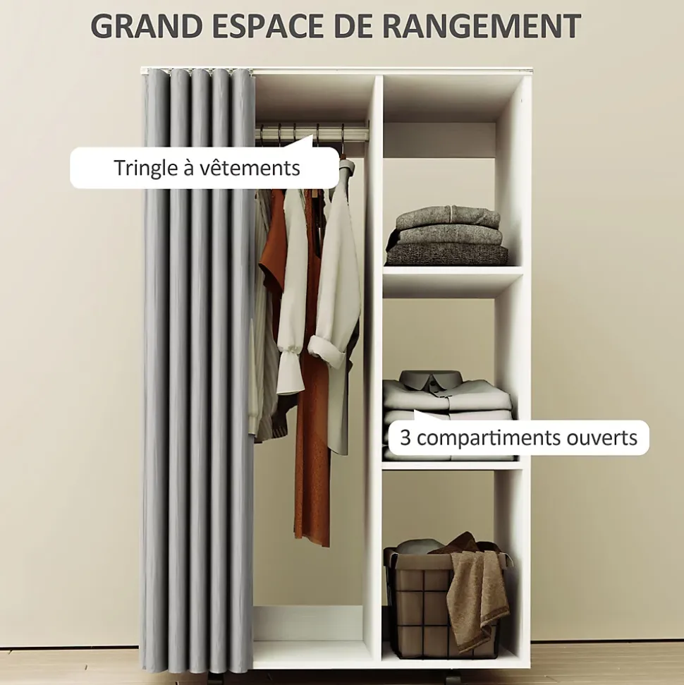 Armoire penderie sur roulettes - tringle, étagère, penderie, 3 compartiments - effet bois blanc rideau gris