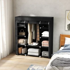 Armoire penderie toile - armoire tissu - 10 étagères, tringle - dim. 150 x 43 x 162,5 cm - noir