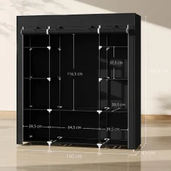 Armoire penderie toile - armoire tissu - 10 étagères, tringle - dim. 150 x 43 x 162,5 cm - noir
