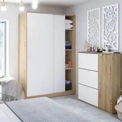 Armoire, placard avec 2 portes coulissantes coloris chêne nordique, blanc artic - longueur 120 x hauteur 200 x profondeur 50 cm