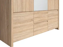 Armoire Placard de 5 portes avec miroir et 2 tiroirs, coloris chêne Sonoma - Longueur 153,5 x Hauteur 211 x Profondeur 55,5 cm