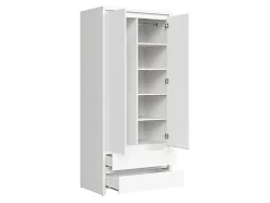 Armoire placard de rangement à deux portes avec 2 tiroirs, coloris Blanc/Blanc Mat - L. 90 x H. 200,5 x P. 55,5 cm