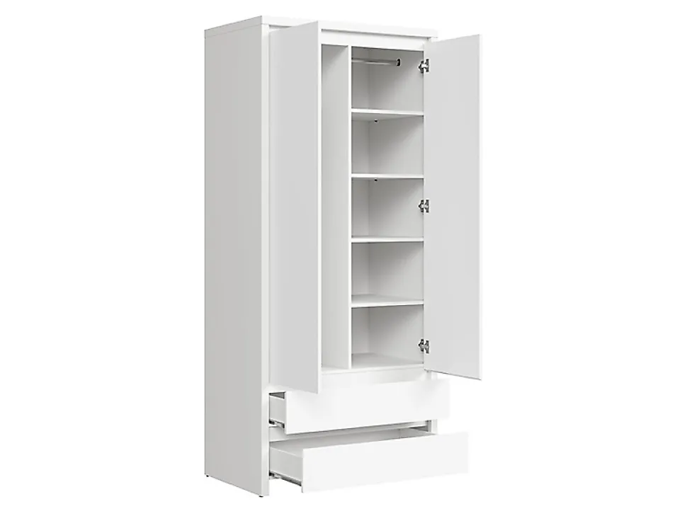 Armoire placard de rangement à deux portes avec 2 tiroirs, coloris Blanc/Blanc Mat - L. 90 x H. 200,5 x P. 55,5 cm