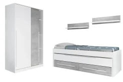 Armoire placard meuble de rangement 2 portes coulissantes en bois coloris blanc mat et gris ciment