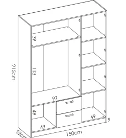 Armoire placard meuble de rangement coloris naturel - Longueur 150 x Profondeur 52 x Hauteur 215 cm