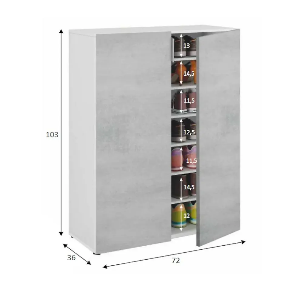 Armoire polyvalente Dlel, Armoire auxiliaire avec 2 portes, Armoire à chaussures basse, 70x36h103 cm, Ciment et Blanc