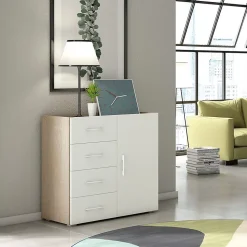 Armoire Polyvalente En Chêne Avec Porte Et Tiroirs Avec Façade Blanche