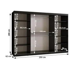 Armoire Rubino T1 a portes coulissante H. 200 x L. 250 x P. 62, 3 portes