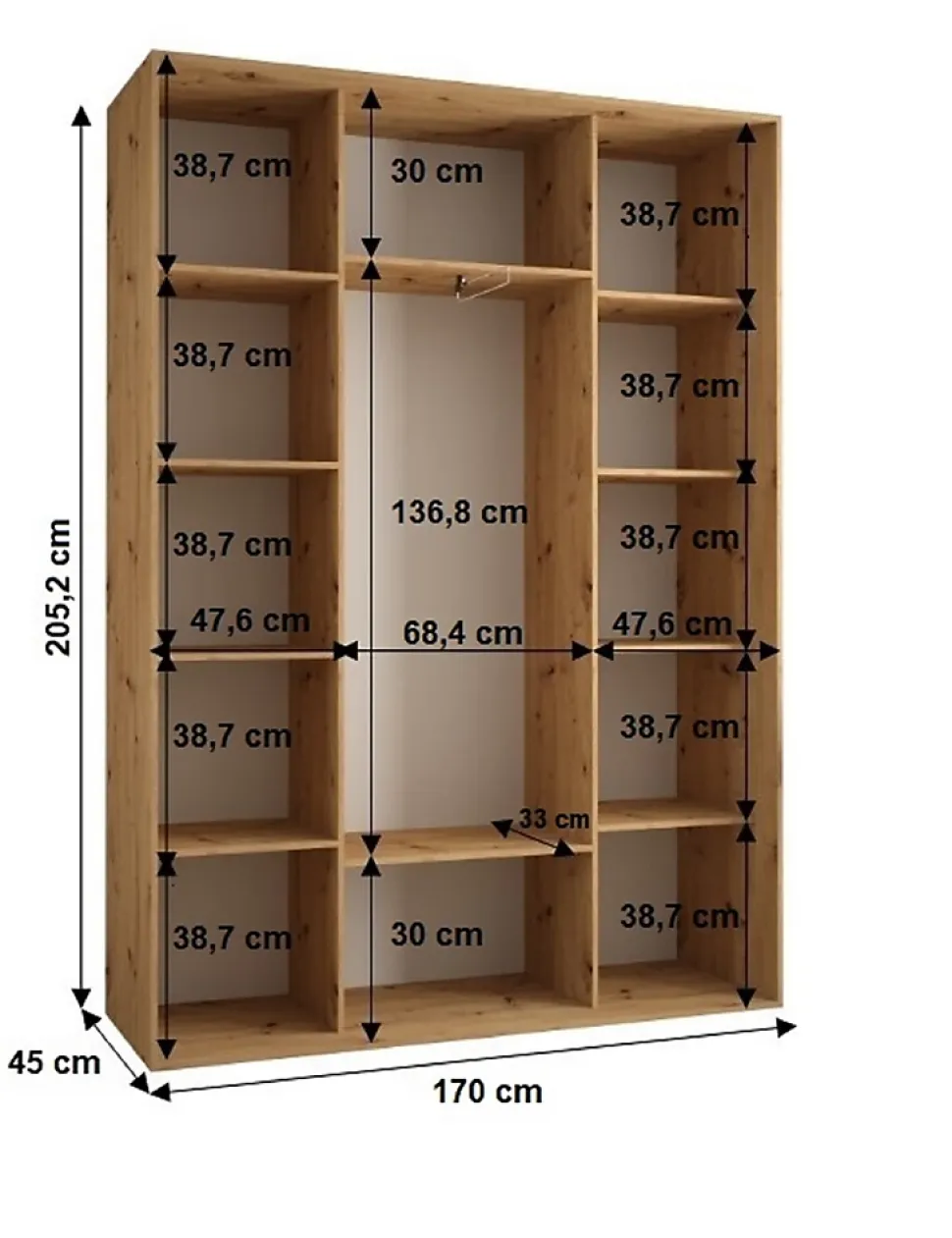 Armoire Sapporo 2 a portes coulissantes H. 205,2 x L. 170 x P. 45 3 portes