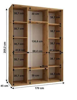 Armoire Sapporo 1 a portes coulissantes H. 205,2 x L. 170 x P. 45 3 portes