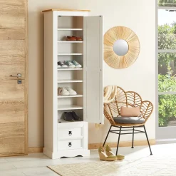 Armoire TEQUILA avec 1 porte et 2 tiroirs, en pin massif lasuré blanc et brun