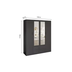 Armoire TOM 4 portes avec miroirs Coloris gris anthracite L160 cm Design moderne et grand rangement