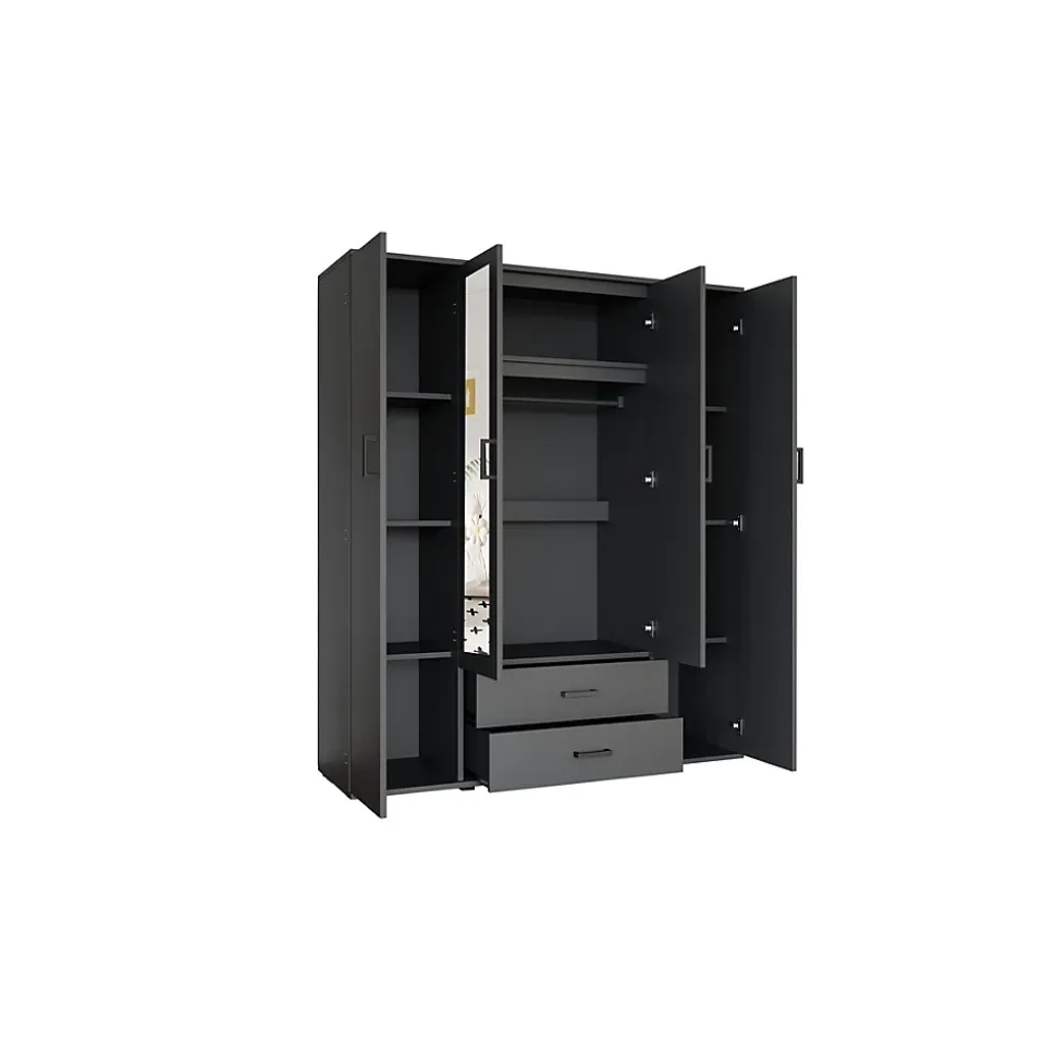 Armoire TOM 4 portes avec miroirs Coloris gris anthracite L160 cm Design moderne et grand rangement