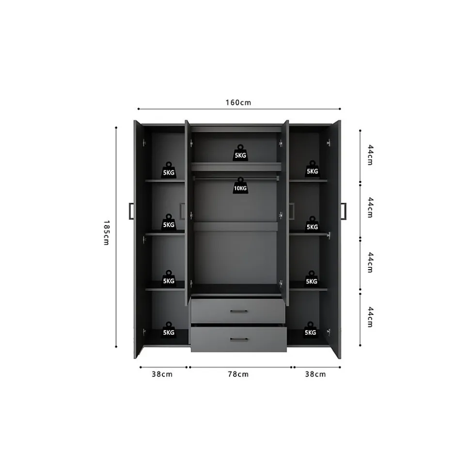 Armoire TOM 4 portes avec miroirs Coloris gris anthracite L160 cm Design moderne et grand rangement