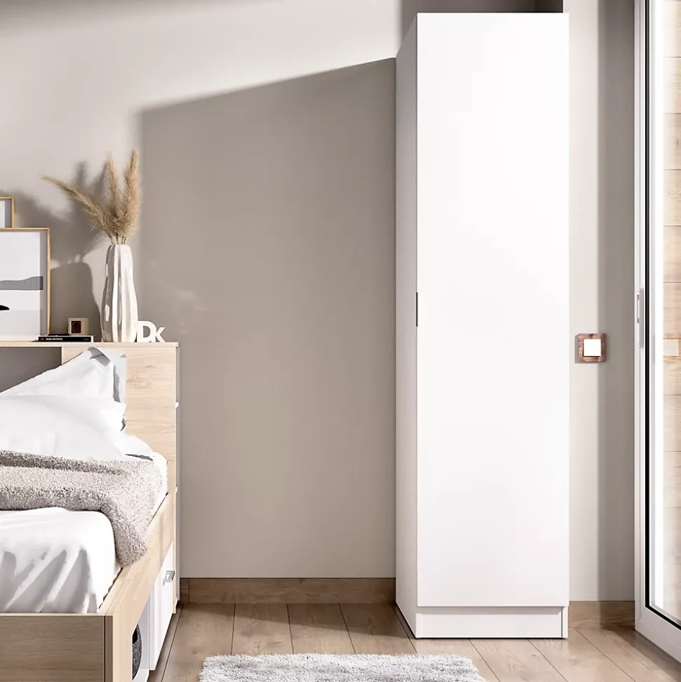 Armoire étroite avec porte en panneaux de particules mélaminés coloris blanc - Longueur 41 x Profondeur 52 x Hauteur 184 cm