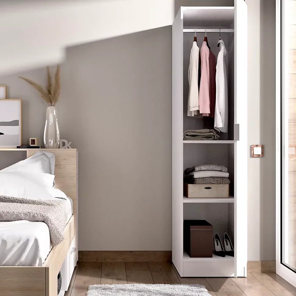 Armoire étroite avec porte en panneaux de particules mélaminés coloris blanc - Longueur 41 x Profondeur 52 x Hauteur 184 cm