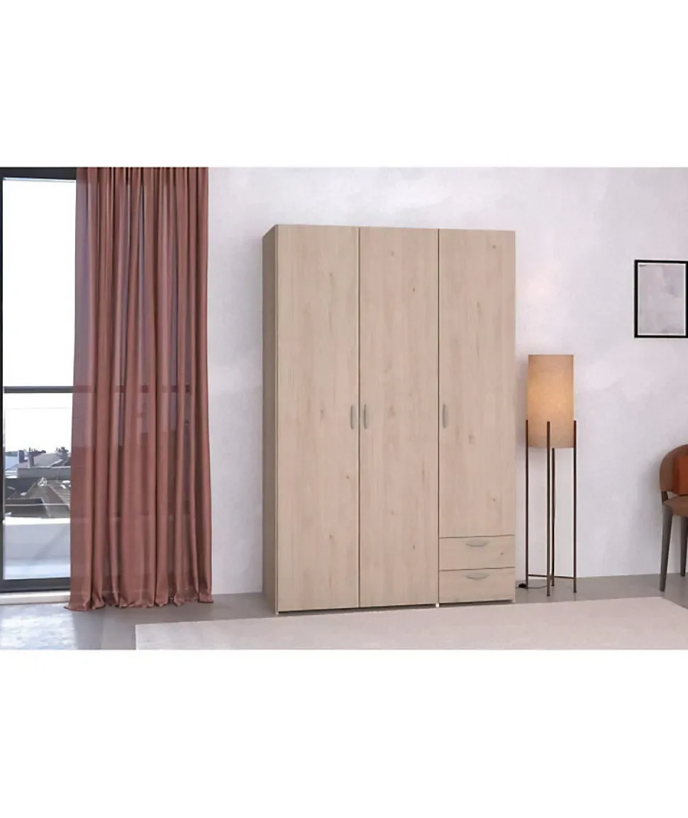 Armoire VARIA - Décor chene et blanc - 3 portes - 2 tiroirs - 120,3 x 185 x 51,3