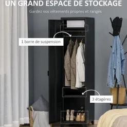 Armoire vestiaire métal design industriel - barre penderie, 3 étagères - dim. 43L x 50l x 180H cm - métal noir