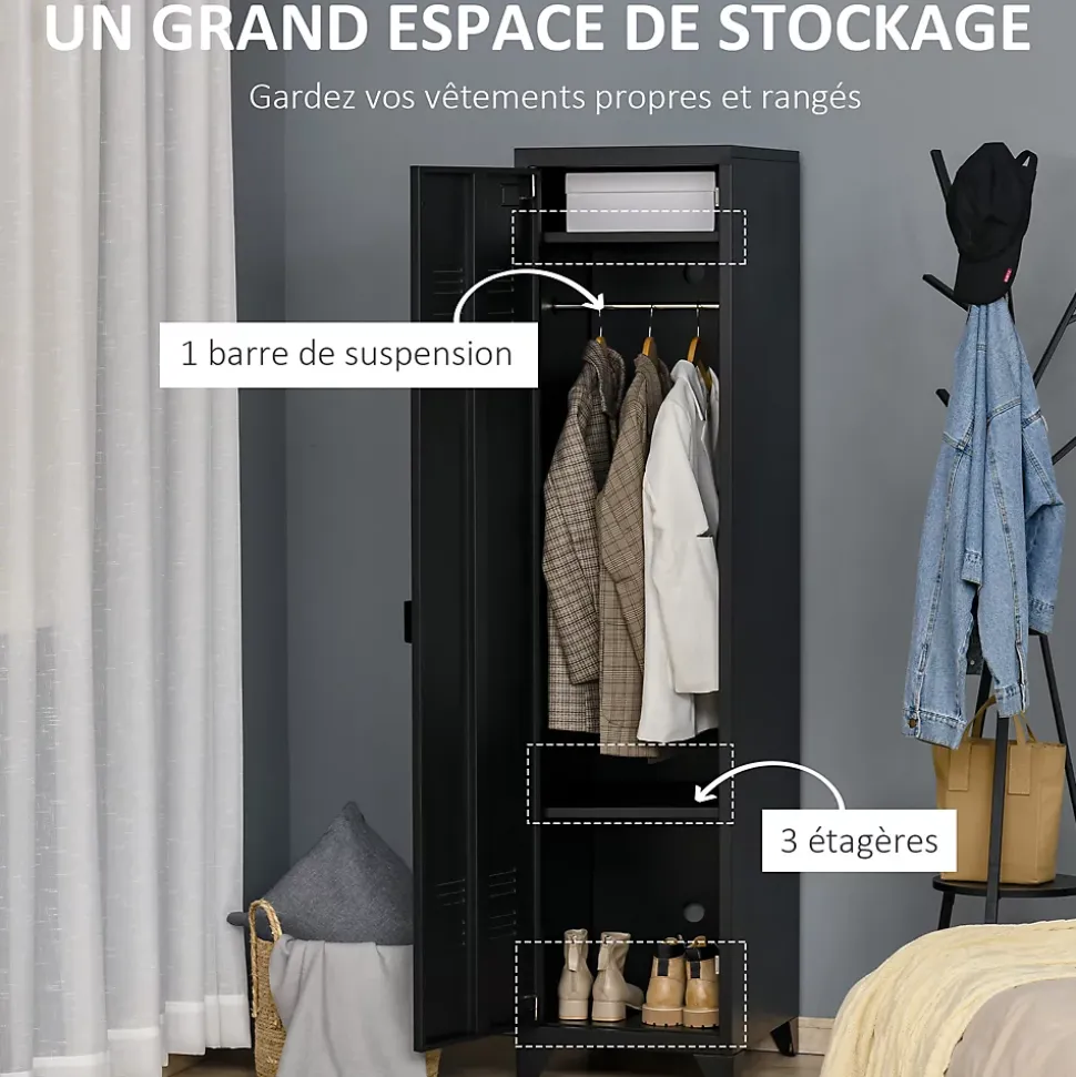 Armoire vestiaire métal design industriel - barre penderie, 3 étagères - dim. 43L x 50l x 180H cm - métal noir