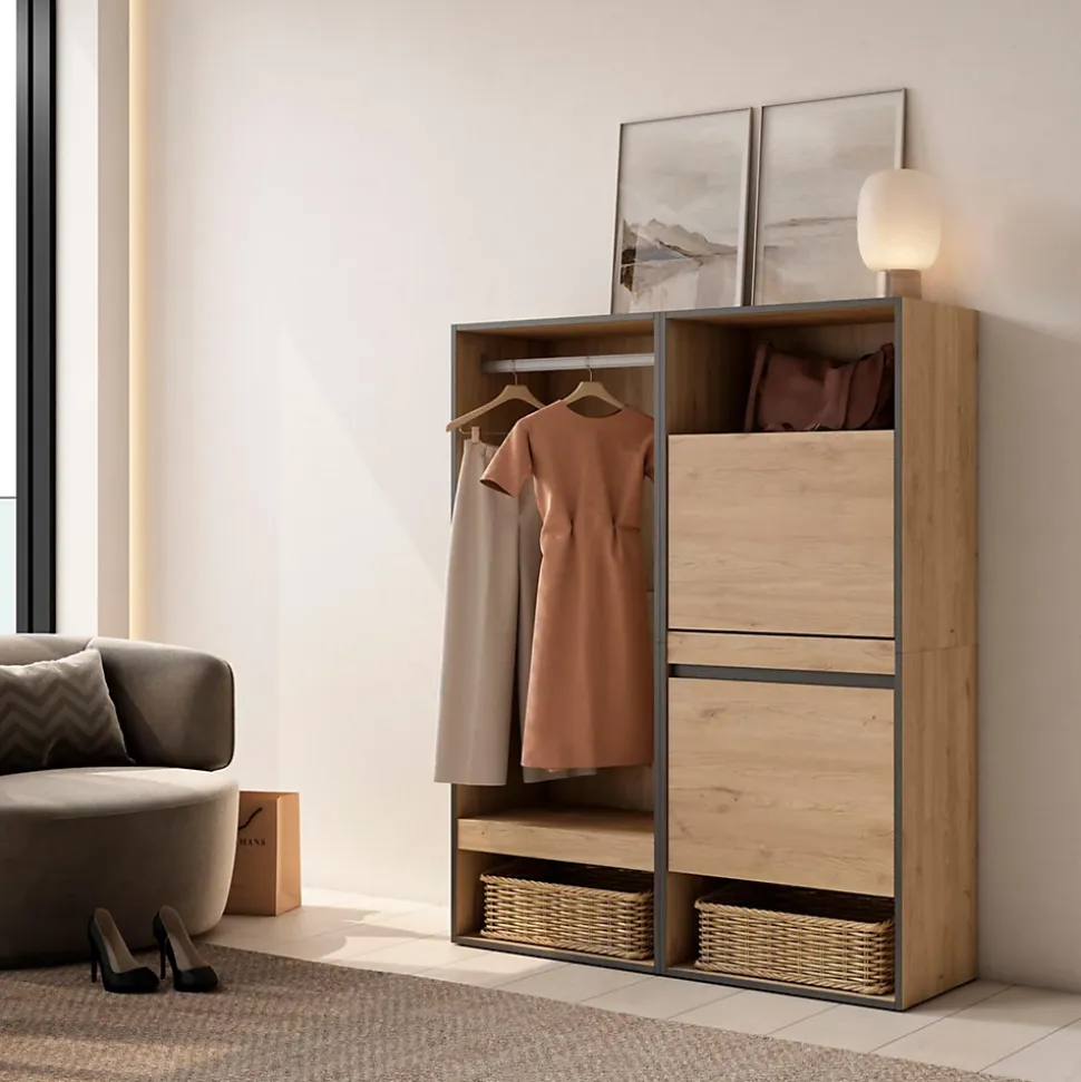 Armoire Vestiaire ouvert meuble chaussures 120x35x145cm couleur chêne
