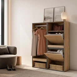 Armoire Vestiaire ouvert meuble chaussures 120x35x145cm couleur chêne