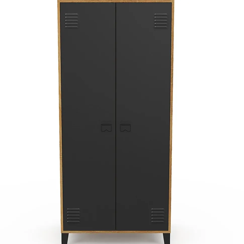 Armoire vestiaire penderie ESTER 2 portes métal noir et contour bois design industriel
