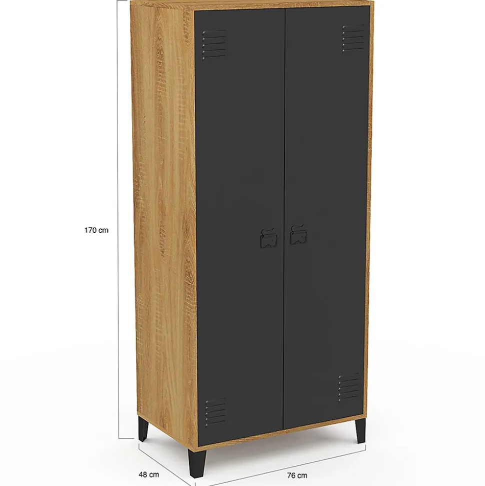 Armoire vestiaire penderie ESTER 2 portes métal noir et contour bois design industriel